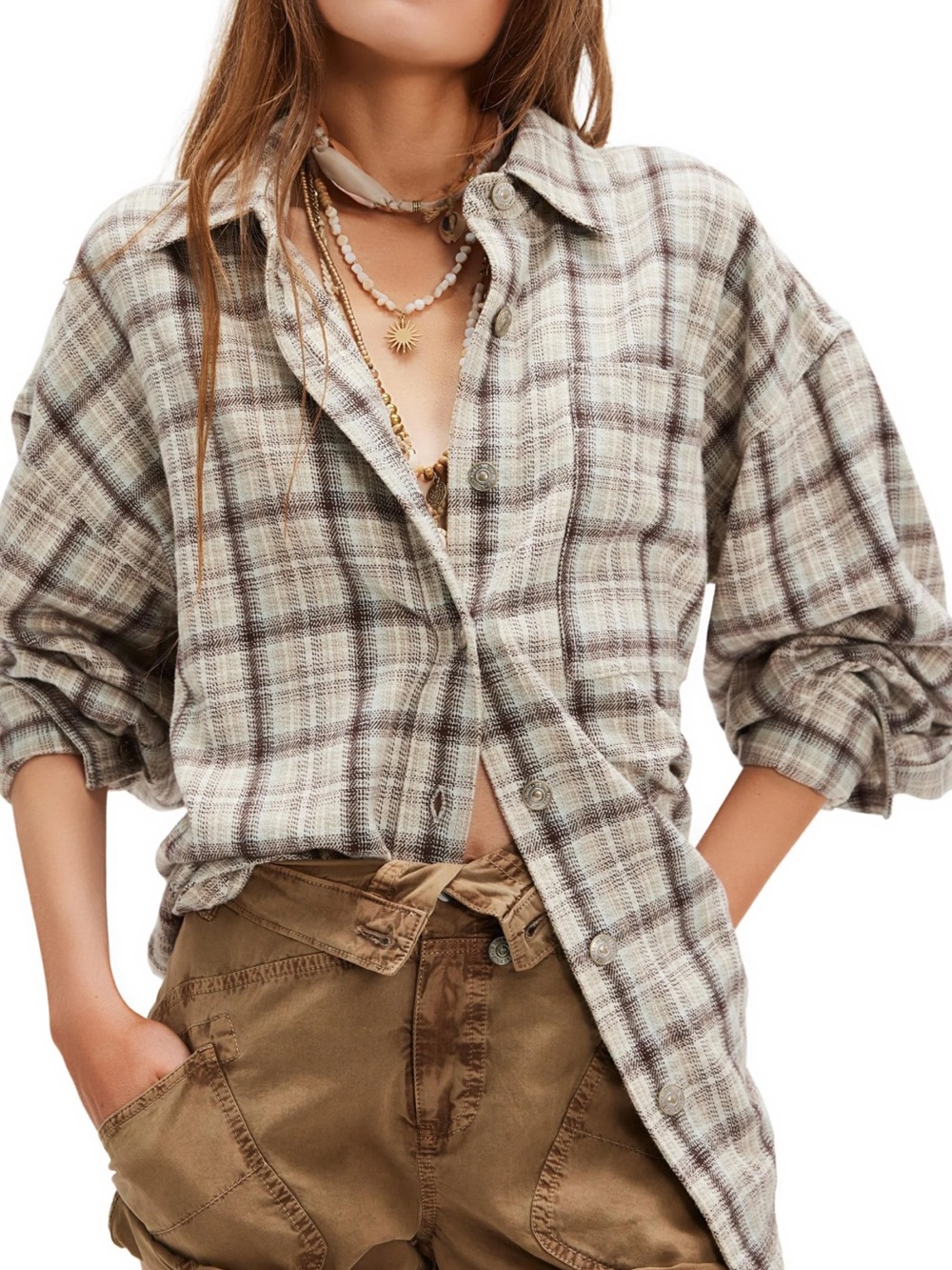 NEW - We the Free Ashley Plaid Button-Up Shirt in Ivory and Brown